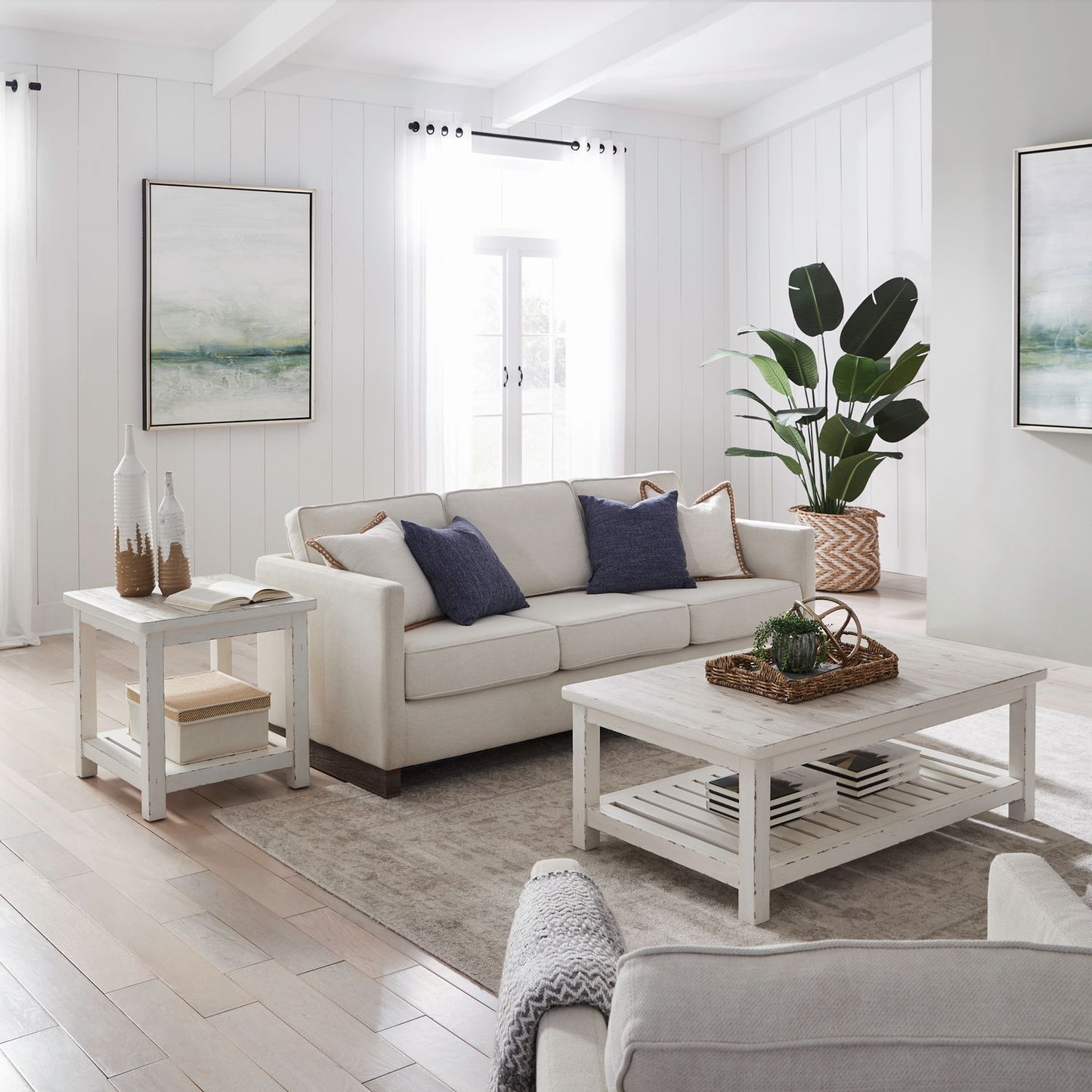 3 Piece Table Set (Rectangular Cocktail Table & 2 End Tables) - Weathered White