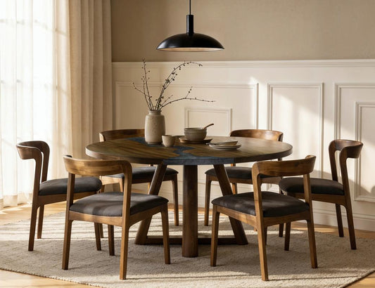 Silver - Round Dining Table With Resin River - Brown