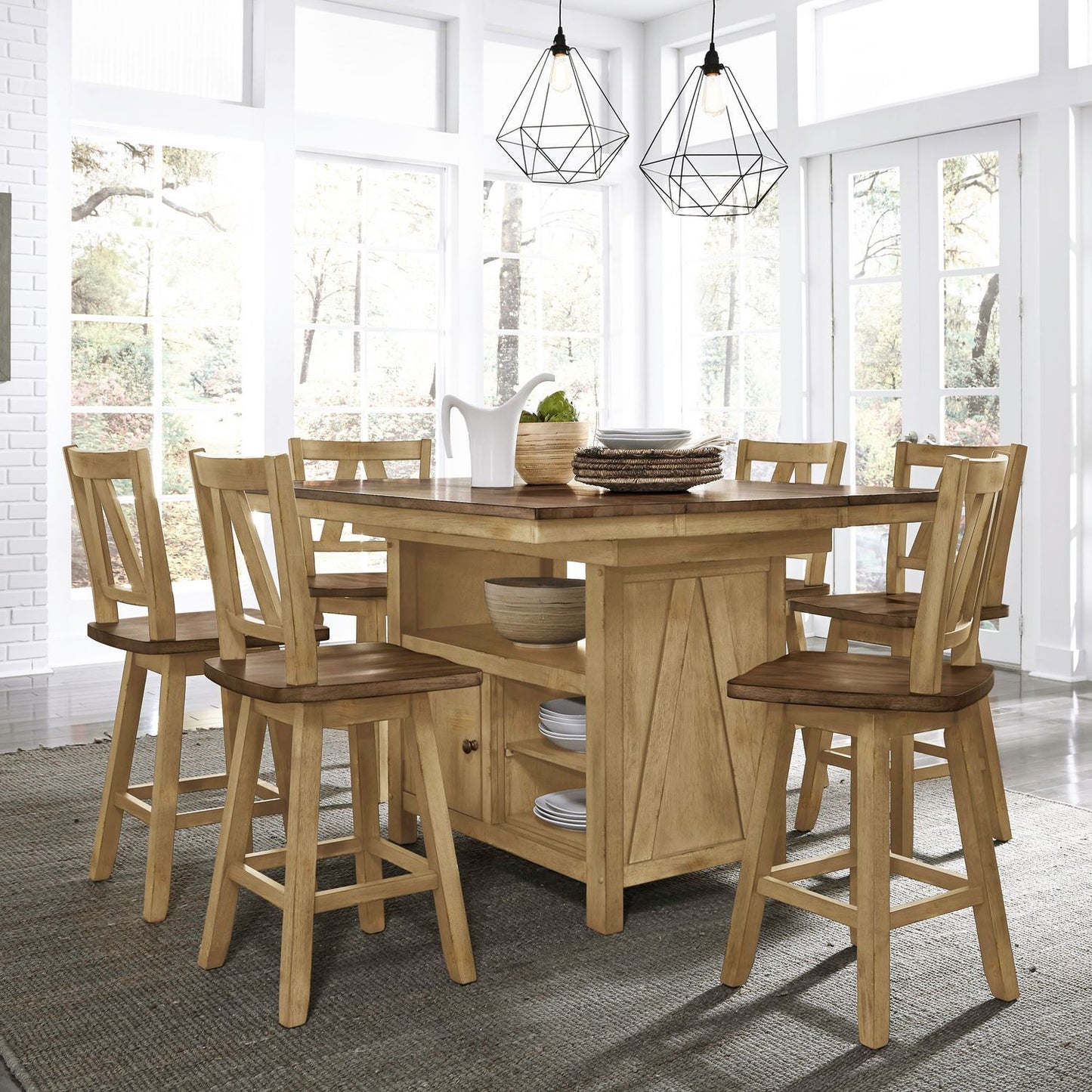 Lindsey Farm - 7 Piece Gathering Table Set - Natural & Brown